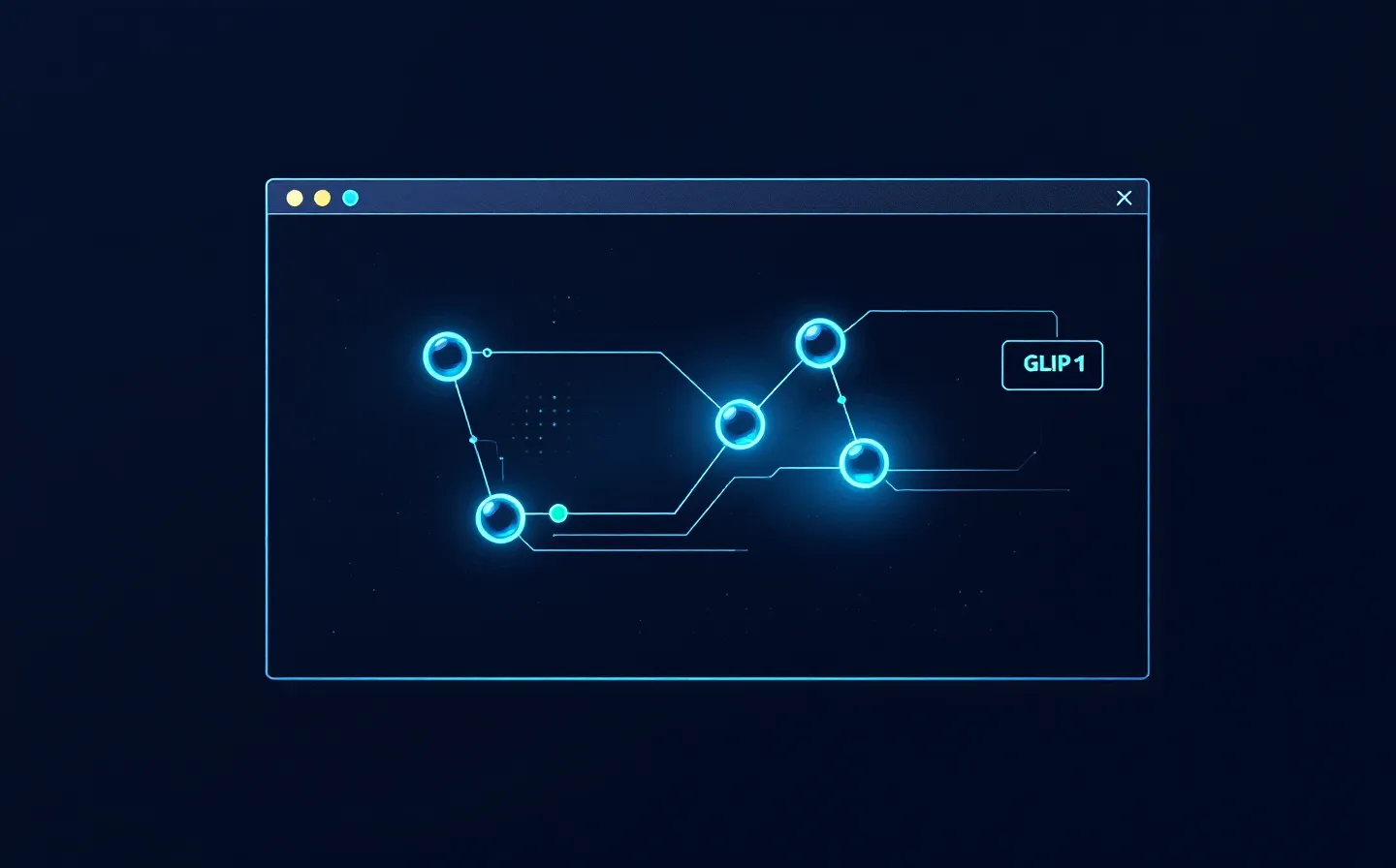 Abstract cool-slate dual GIP/GLP-1 receptor-signalling diagram inside a faux-terminal frame with info-blue signal lines and one terminal-green node on a dark code canvas